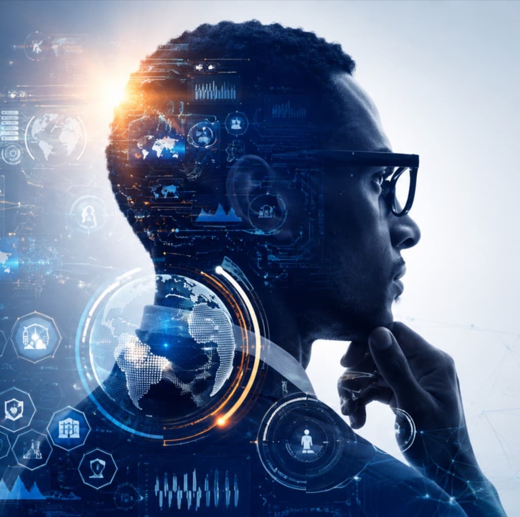 Futuristic silhouette with digital data overlays representing AI and people