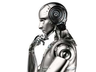 Chrome humanoid robot in a thinking pose, representing strategic reflection on AI