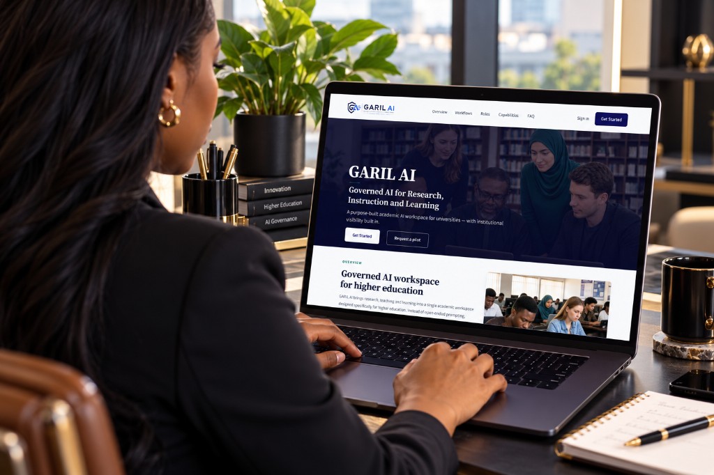 Professional using a laptop displaying the GARIL AI workspace